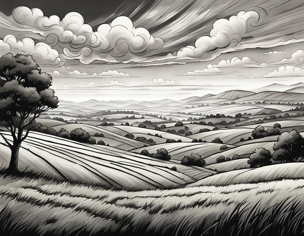 Monochromatic Rural Landscape in Comic Book Art Style