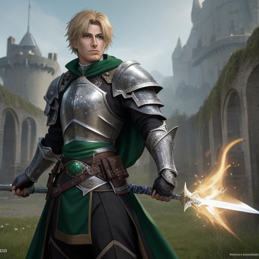 Young Knight in Silver Armor with Sword, Digital Art