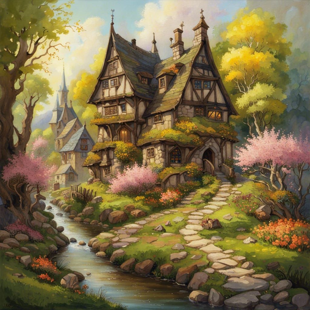 Gothic Fairytale Town in Spring Forest Watercolor