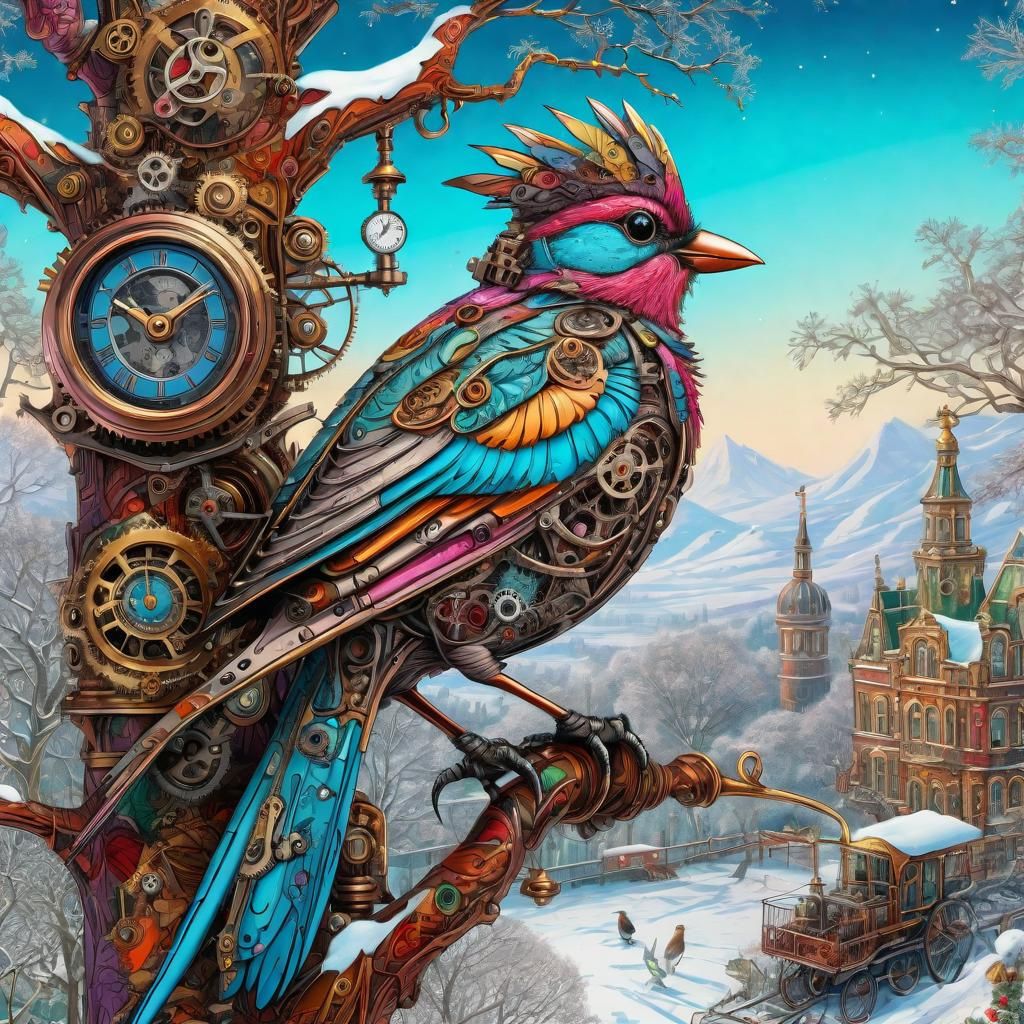 Steampunk Bird in Winter Wonderland
