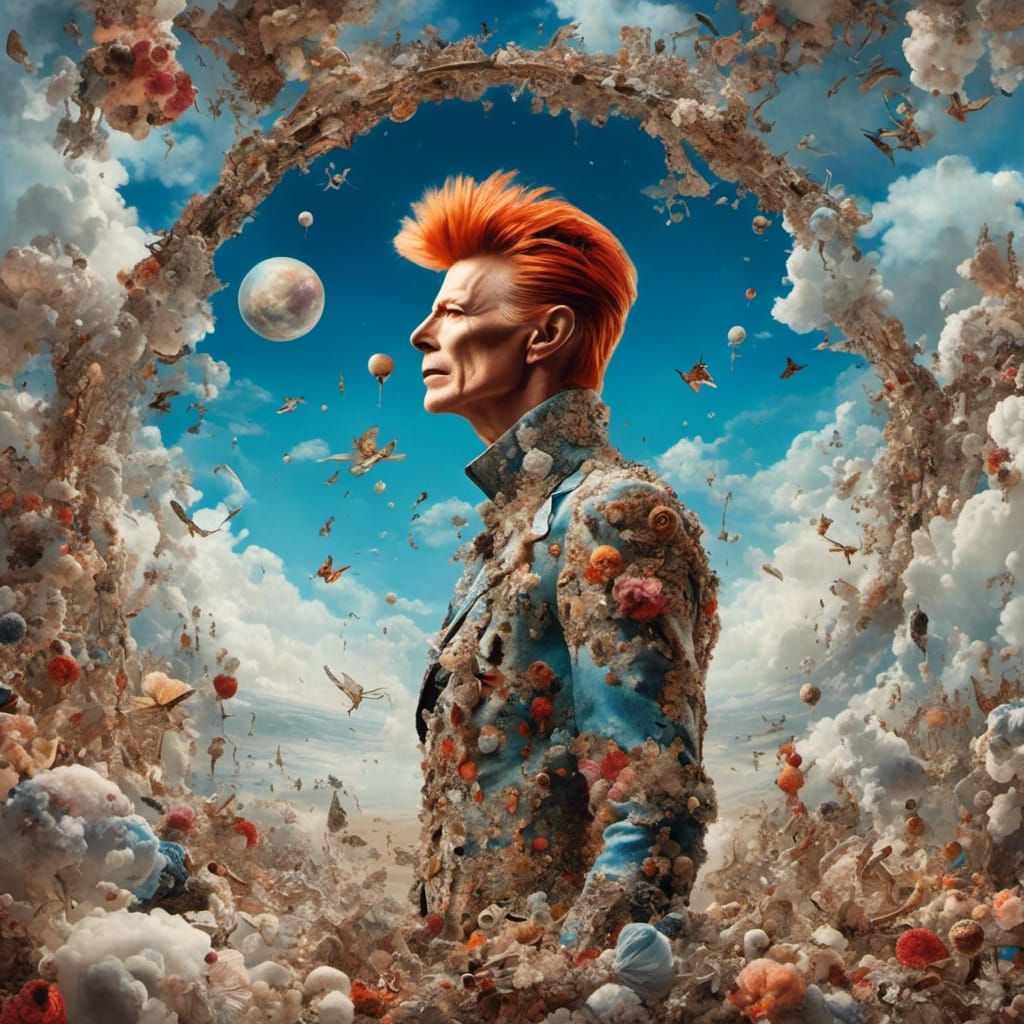 David Bowie Amidst Celestial Background in Hyperreal Style