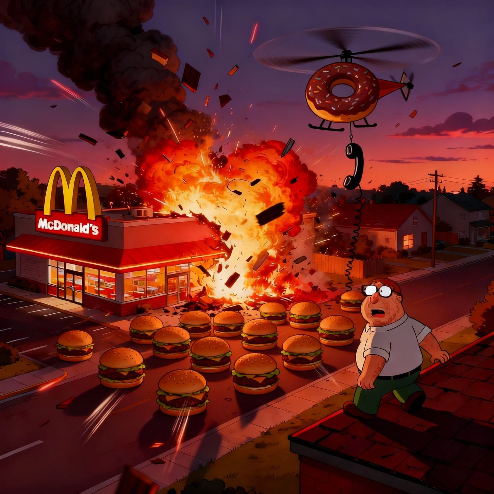 Exploding McDonald's Restaurant Illustrated with Cartoon Cha...