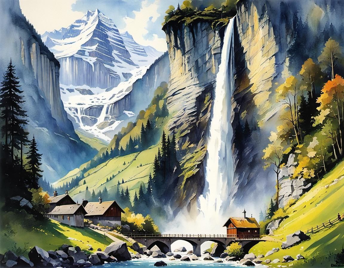 Lauterbrunnen Waterfalls in Watercolor Style