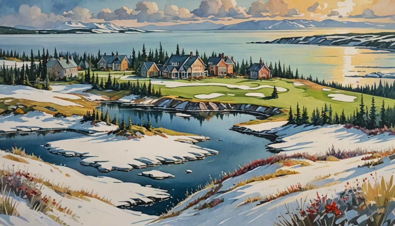 Arctic Golf Course Acrylic Gouache Painting