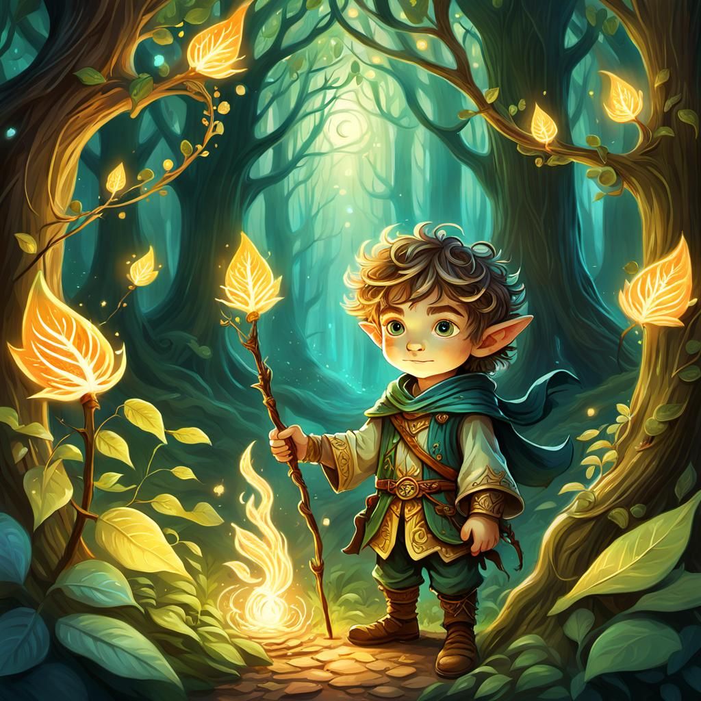 Whimsical Halfling Mage in Mystical Forest Illustration