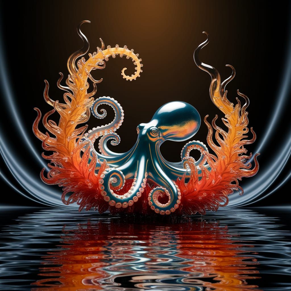 Glass Octopus Statue Amidst Coral in Shimmering Water