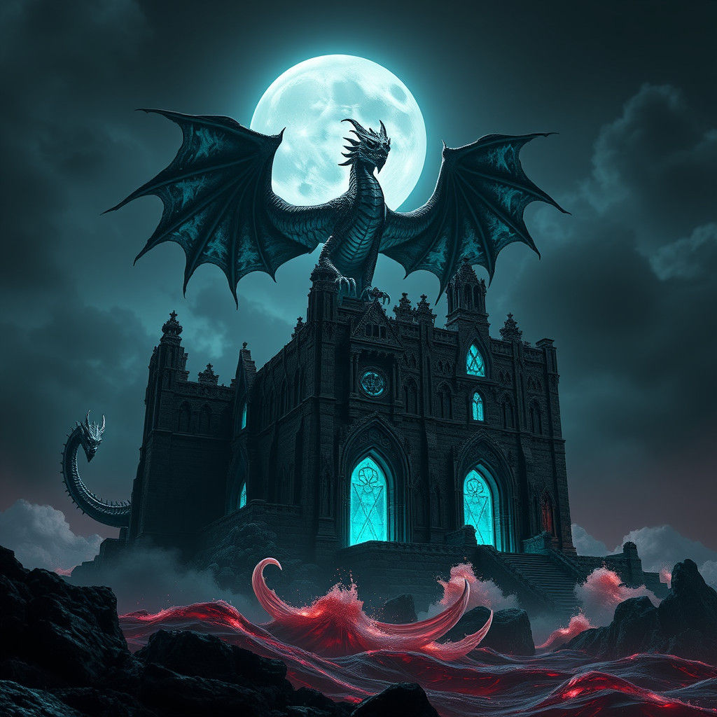 Alien Dragon Gargoyle on Gothic Abbey in Dark Fantasy Style