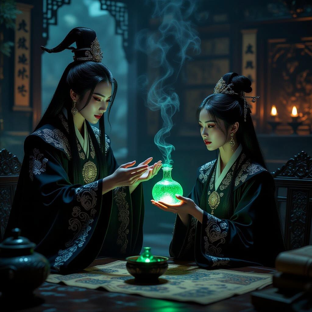 Gothic Witch Offers Potion in Dark Fantasy Chamber