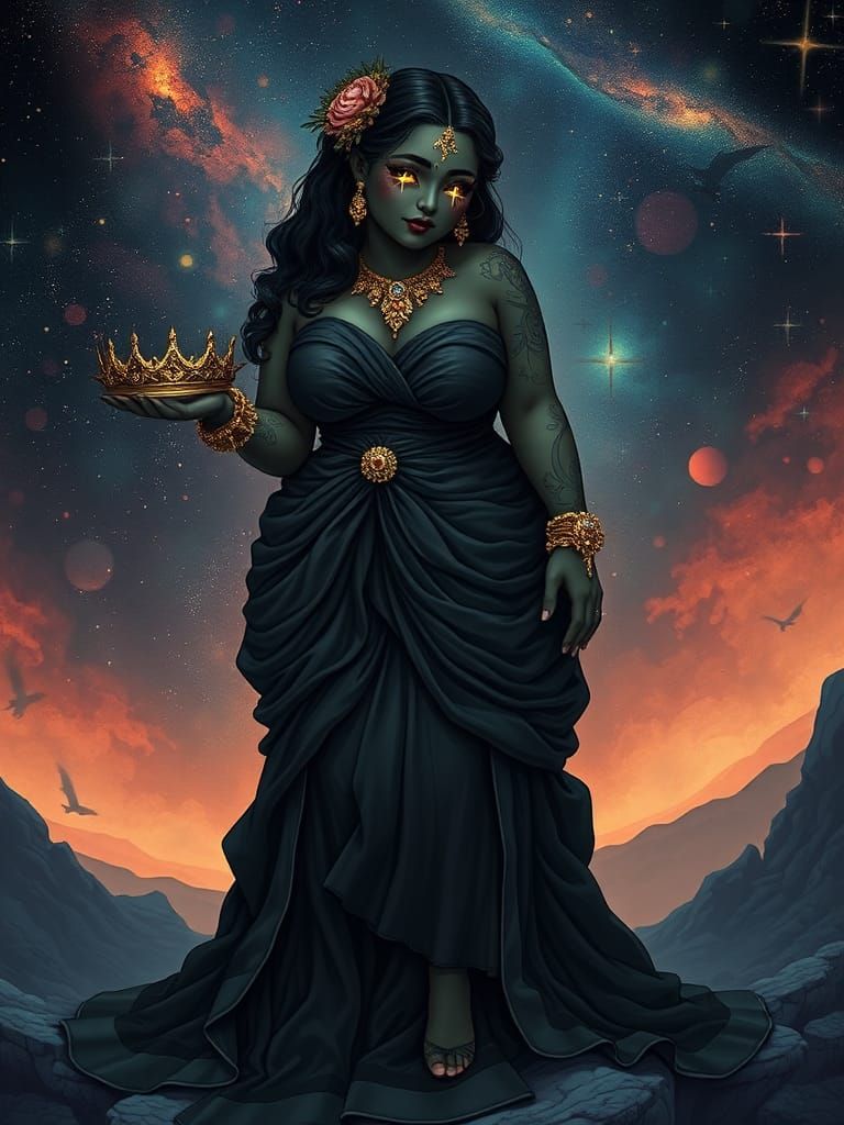 Dark Velvet Woman with Celestial Jewelry and Crown