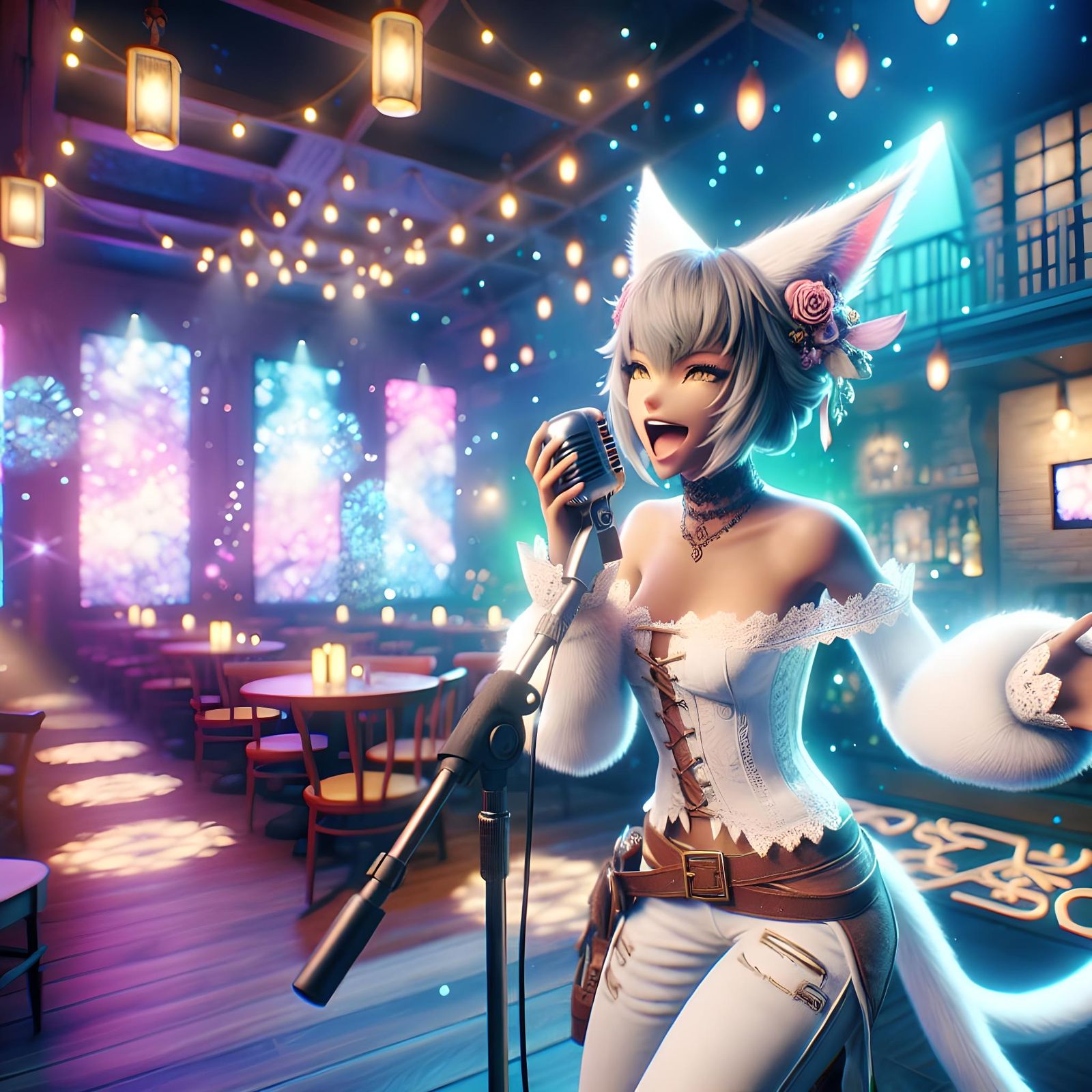 Cat-Eared Woman Sings in Cozy Blues Bar