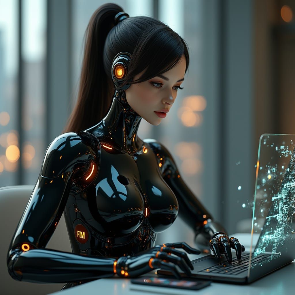 Sleek Female Robot in Advanced Exosuit, Blending Luxury and ...