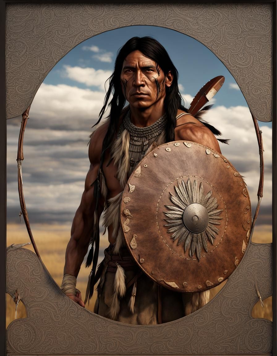 Native American Warrior with Shield on Plains