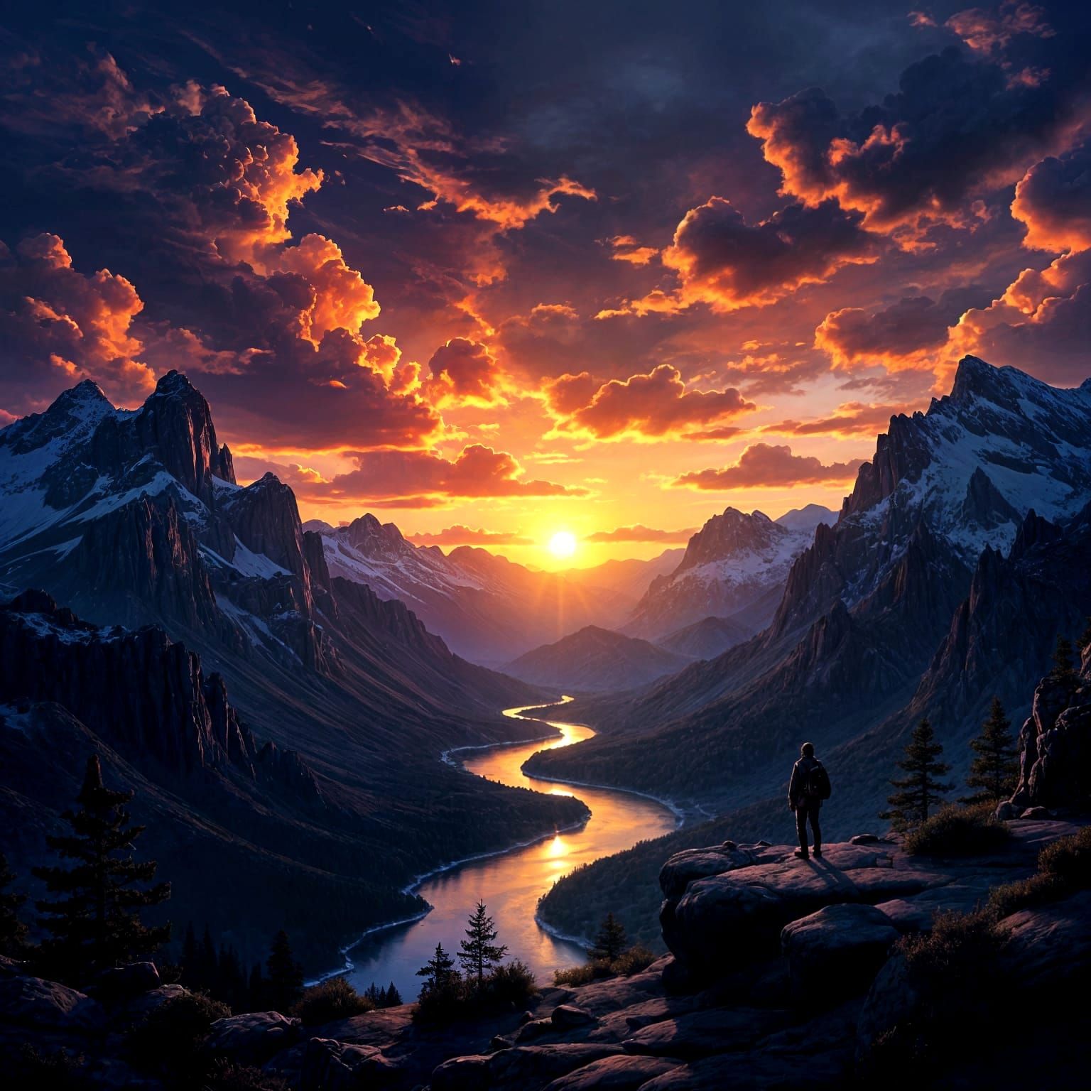 Cinematic Sunset Over Rugged Mountain Range