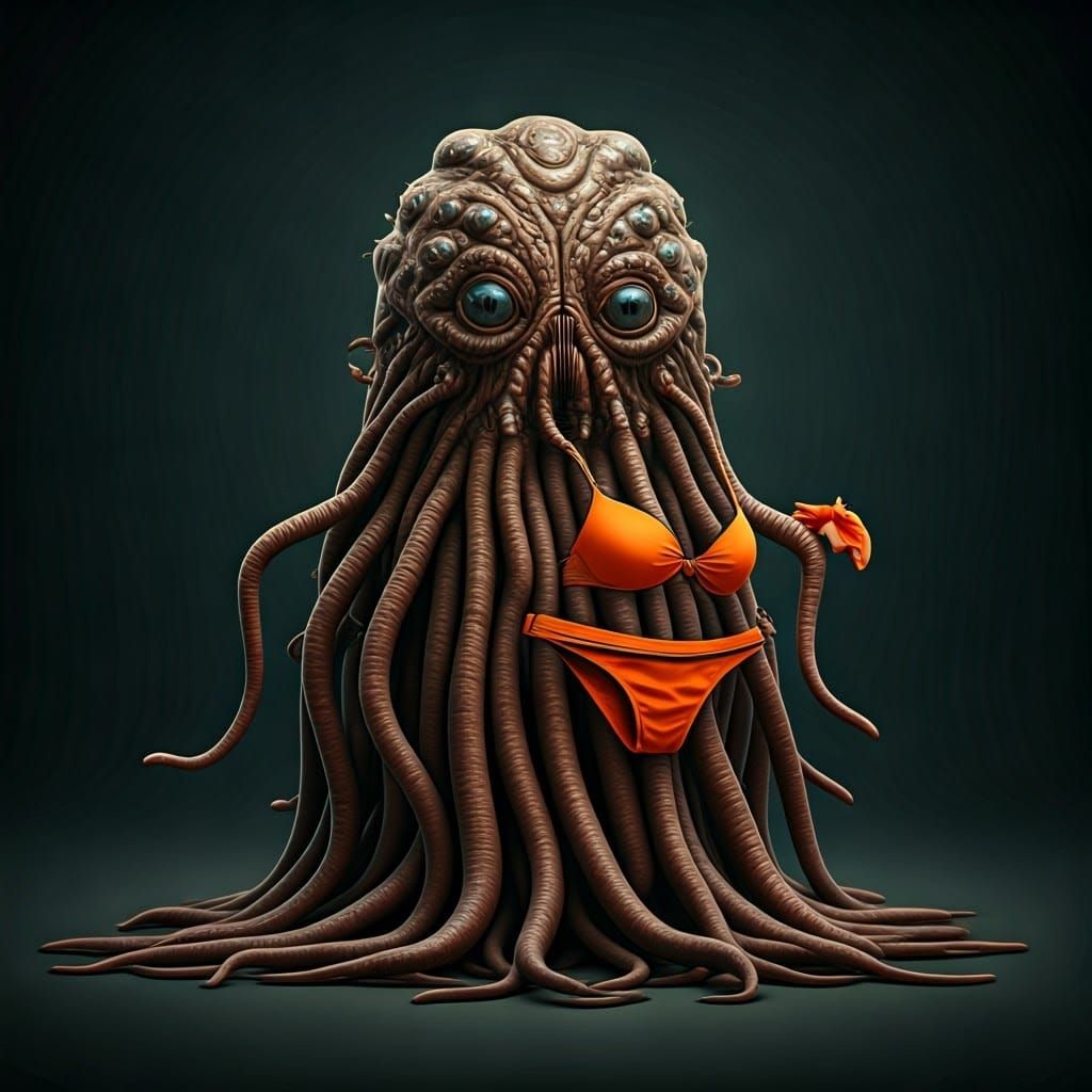 Humorous Alien Struggles with Bikini Outfit