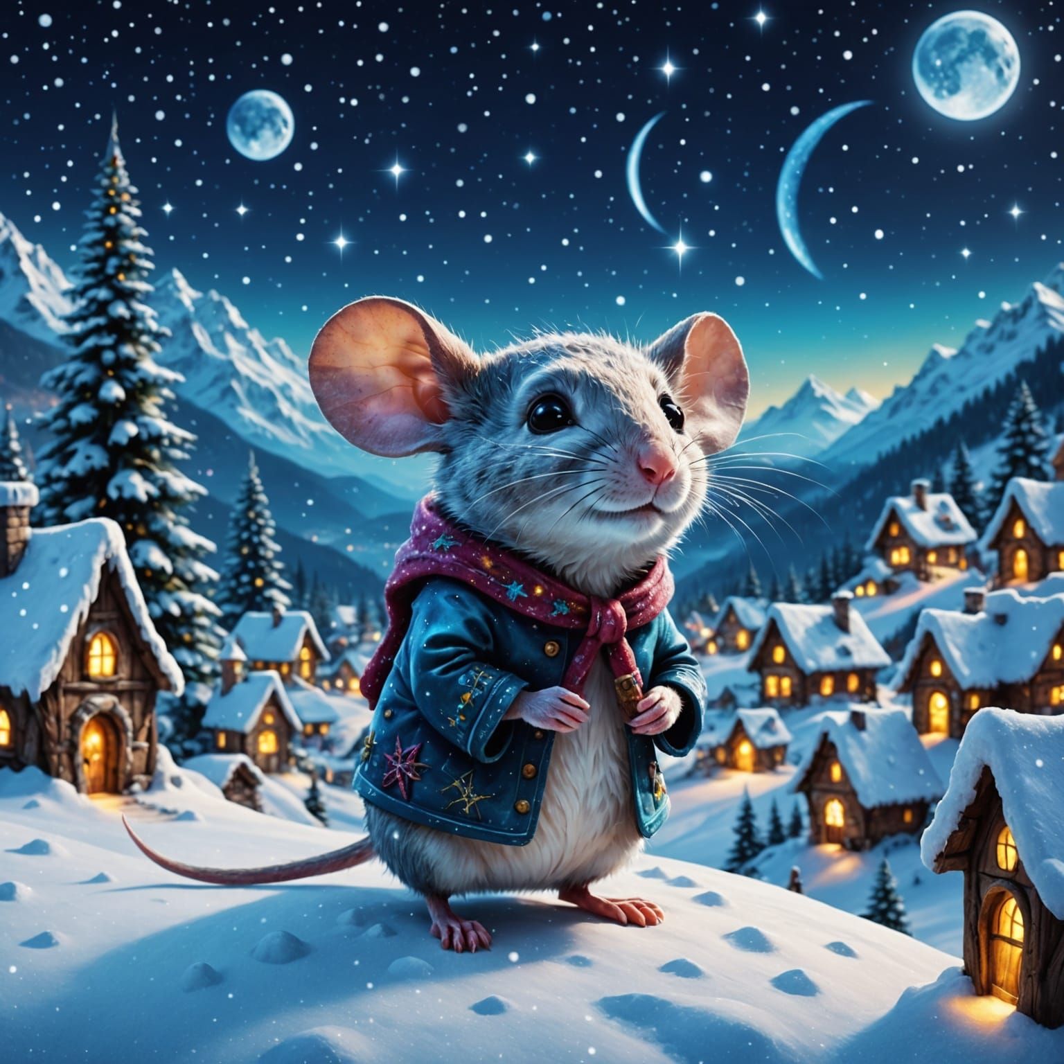 Winter Wonderland Village Scene in Cosmic Style