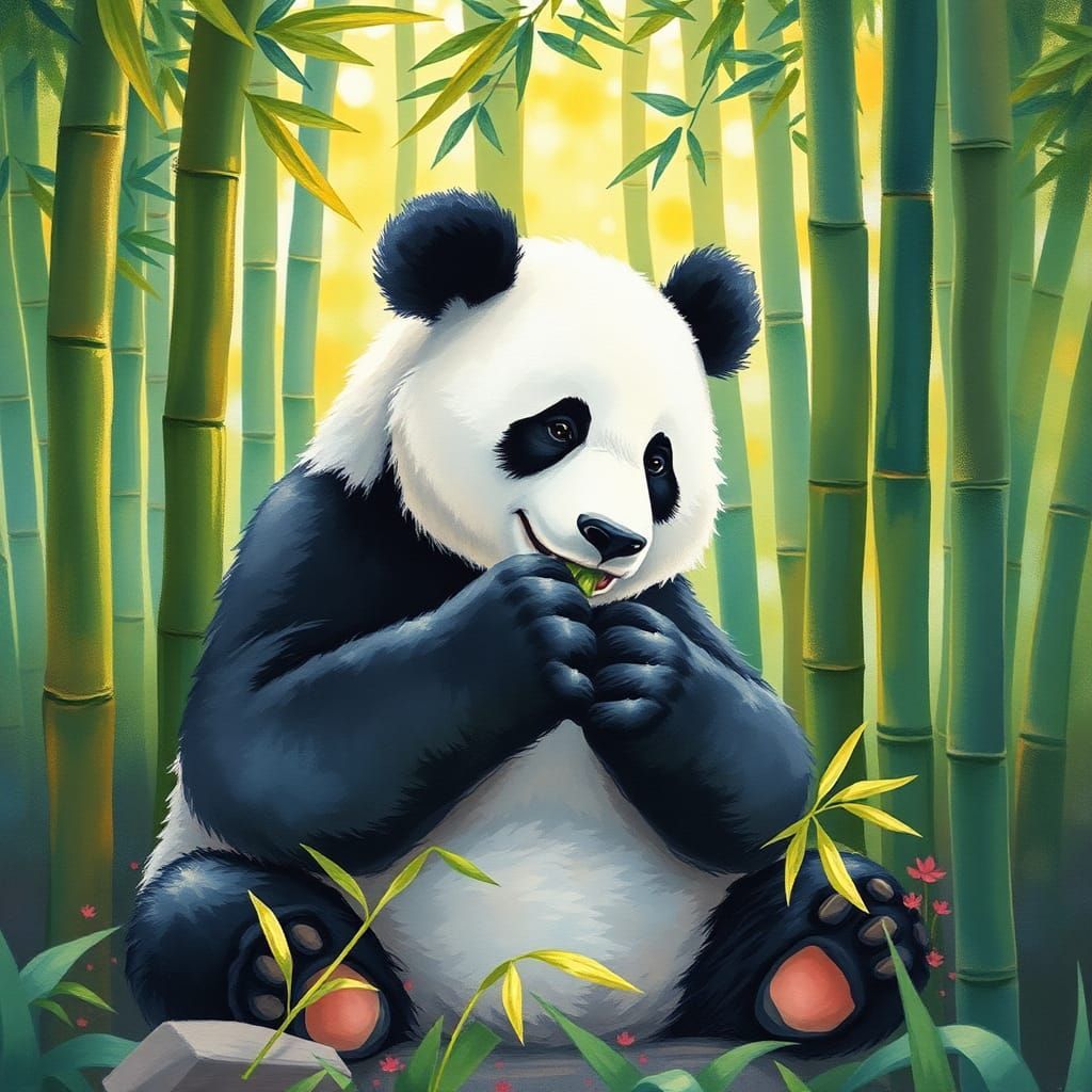 Panda in Bamboo Forest: Impressionist Wildlife Art