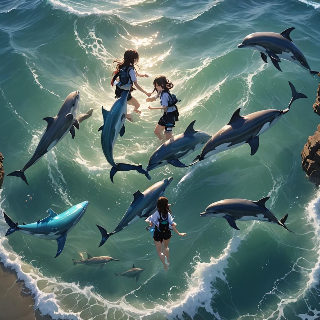 Dolphins Swimming in Waves: 3D Anime Art
