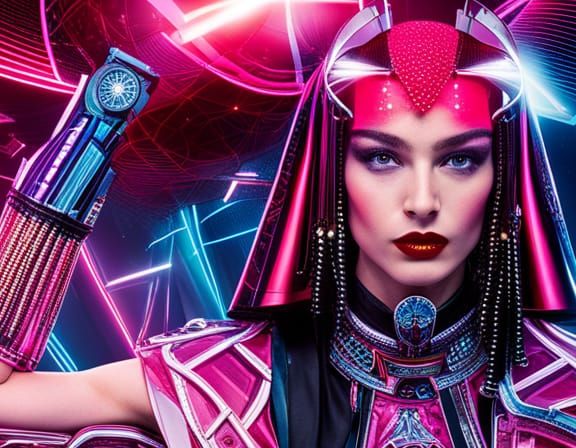 16k resolution, headshot of a model donning a couture cyberpunk headdress, neon lights reflecting off futuristic materia...