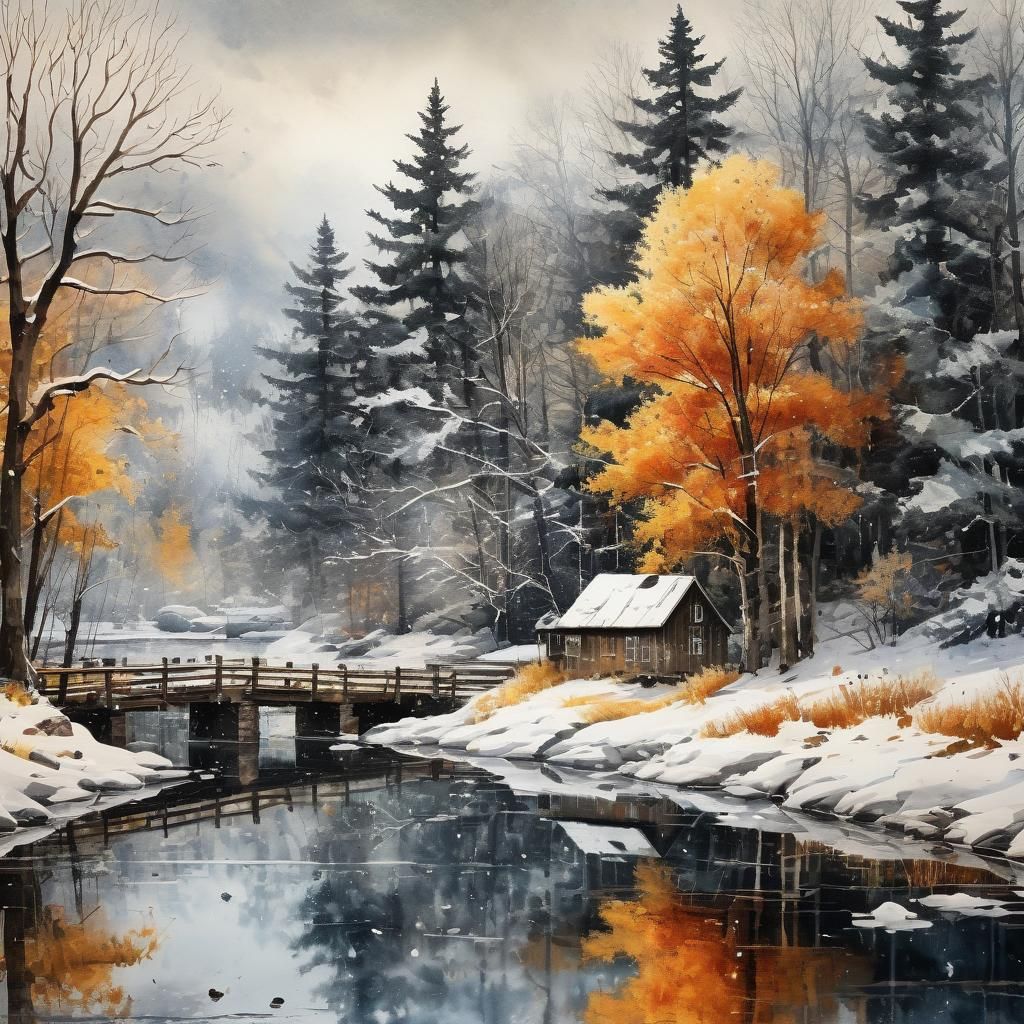 Watercolor Painting of Autumn Yielding to Winter