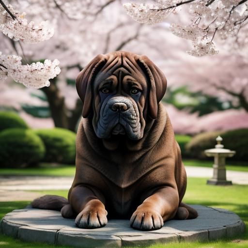 Serene Japanese Mastiff in a Sakura Garden