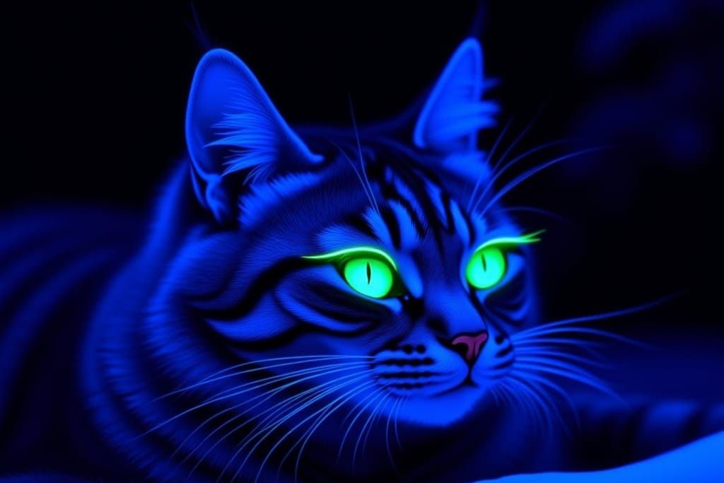 Luminous Cat with Long Eyelashes in Ultraviolet Light