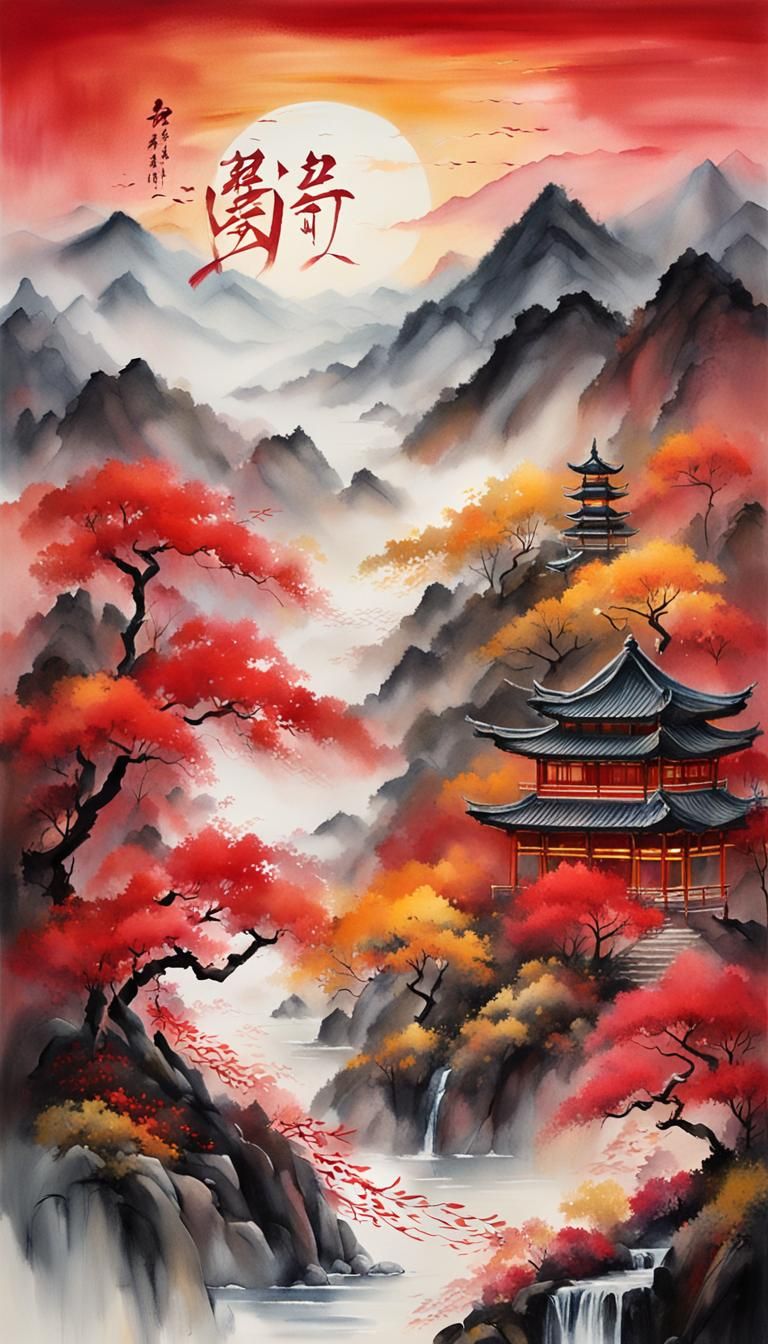 Calligraphy in Misty Mountains at Dusk