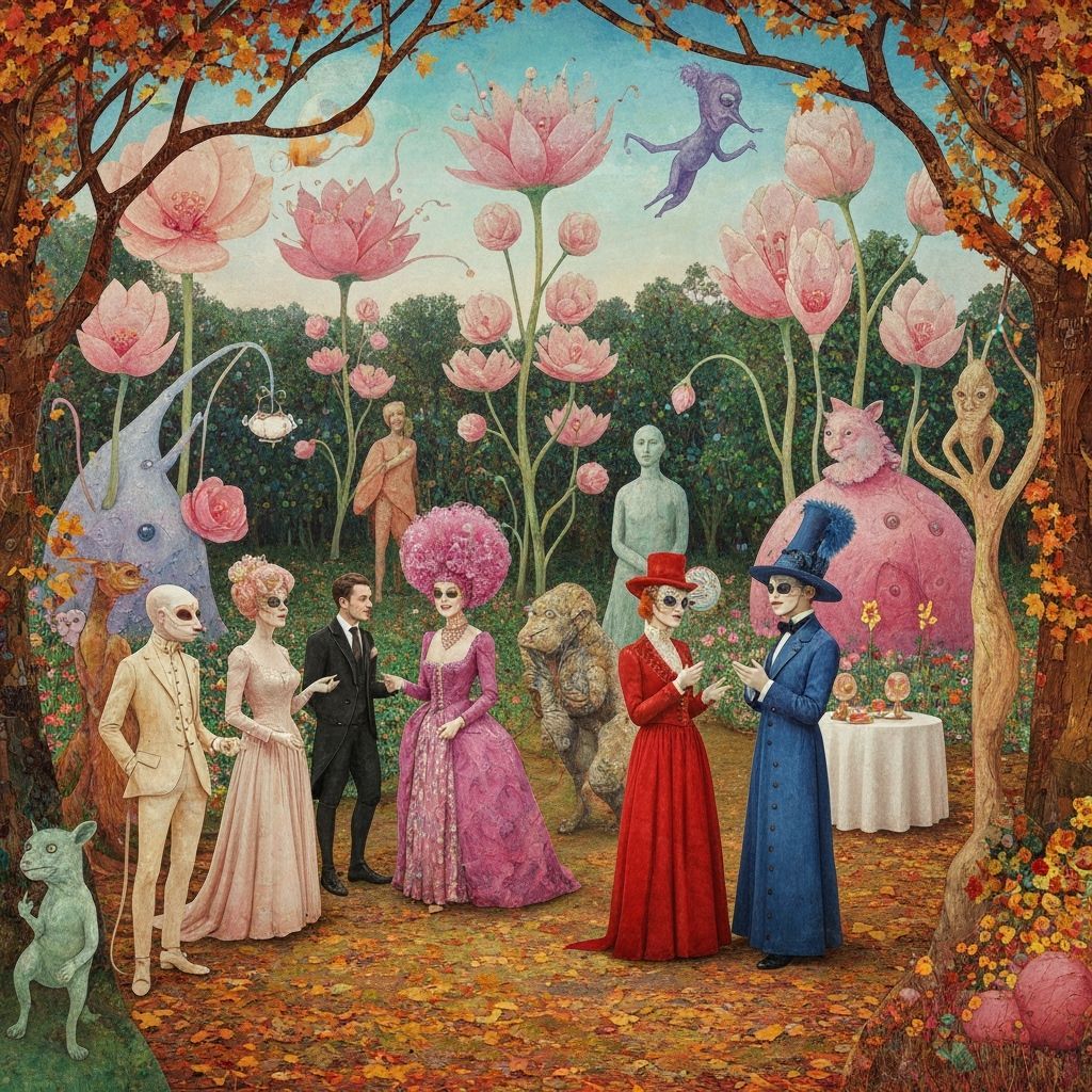 Surreal Garden Party with Dancing Mouse, Collage Art