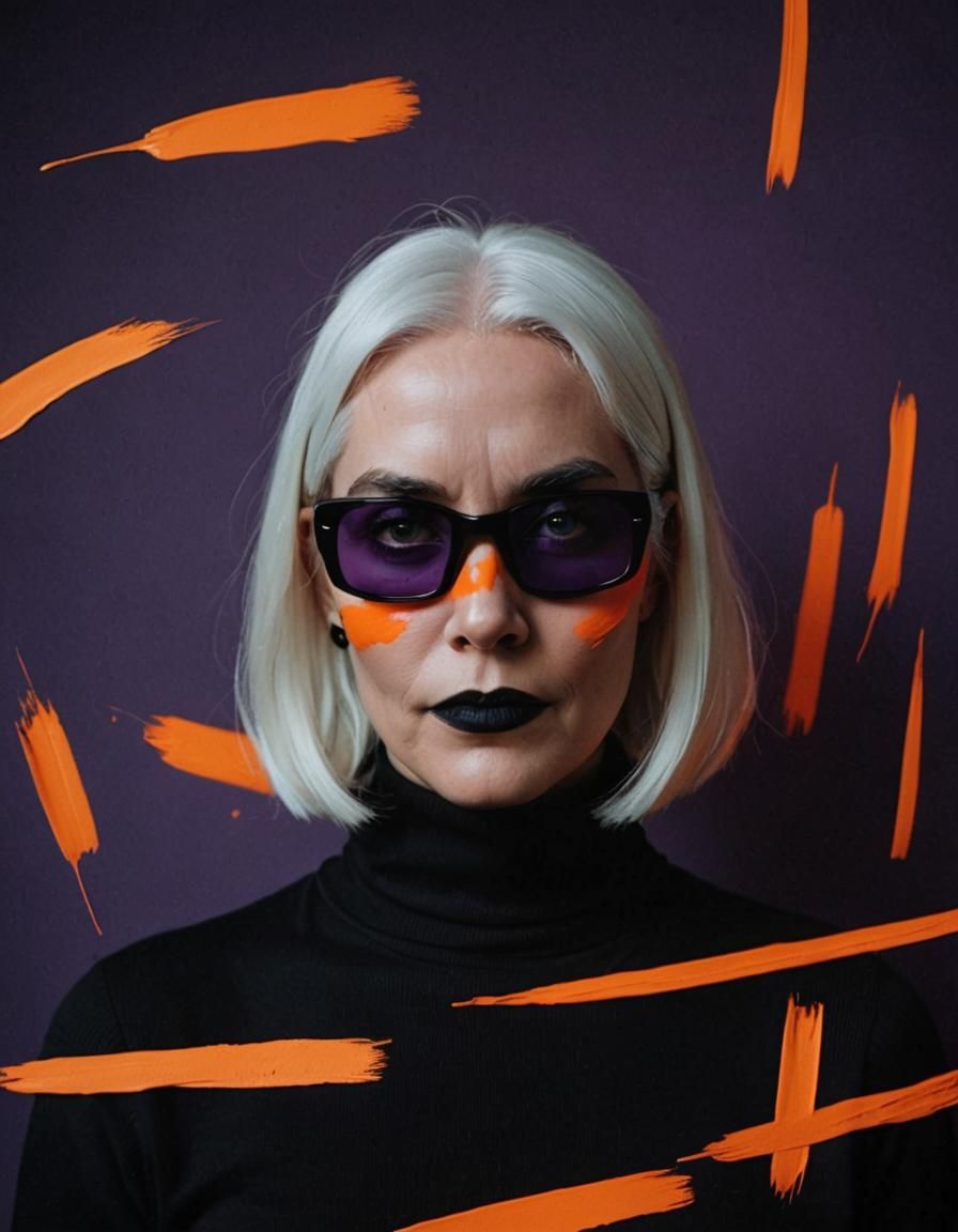 Woman in Black Turtleneck with Neon Paint Stroke