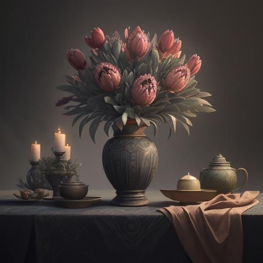 Dutch Still Life with Protea: Detailed Matte Painting