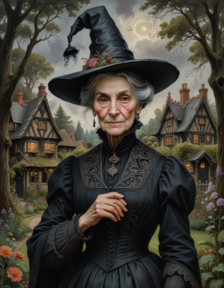 Regal Witch in Victorian Dress by Tudor Cottage