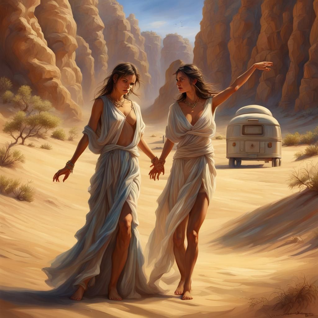 Desert Gorge Caravan: Women Dancing in Hyperrealistic Style
