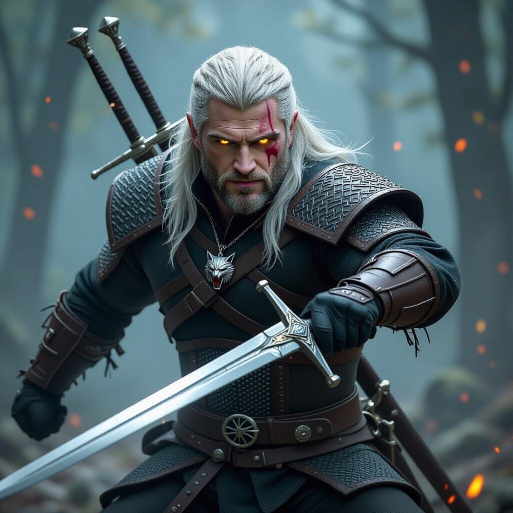 Geralt of Rivia in Intense Battle, Digital Art