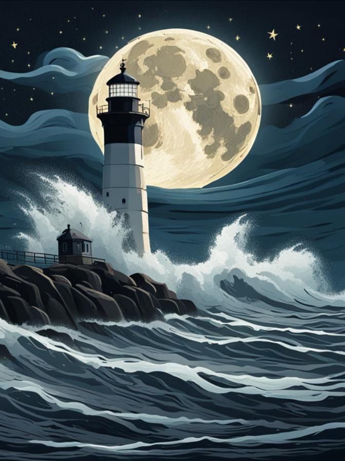 Moonlit Lighthouse Stands Against Stormy Seas