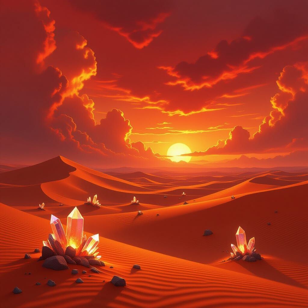Mystical Crystal Desert Landscape with Red Sky