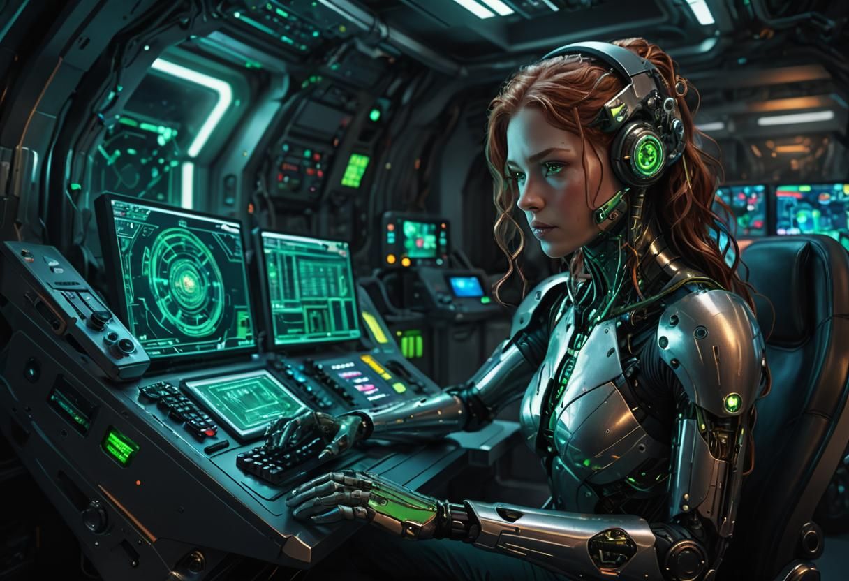 Cyborg Navigator in Spaceship Control Room