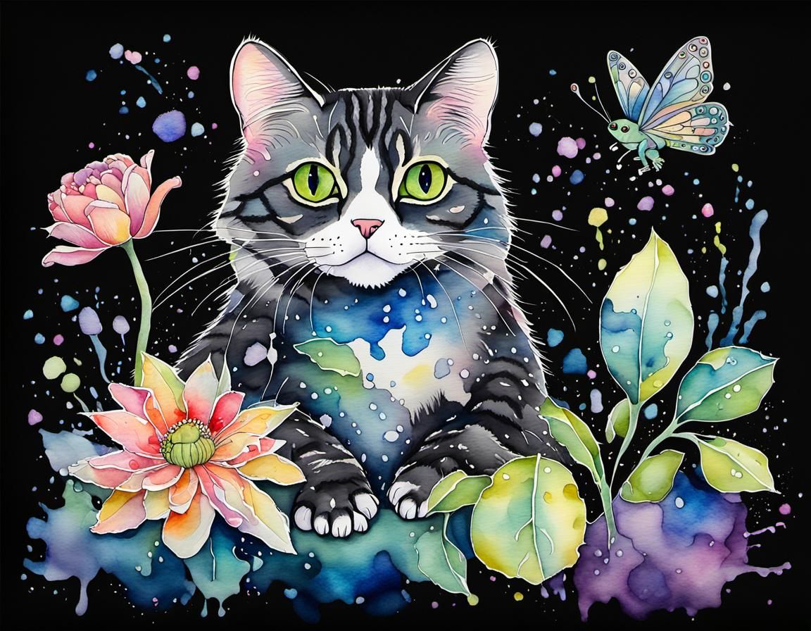 Ragdoll Cat and Frog Watercolor Ink Drawing