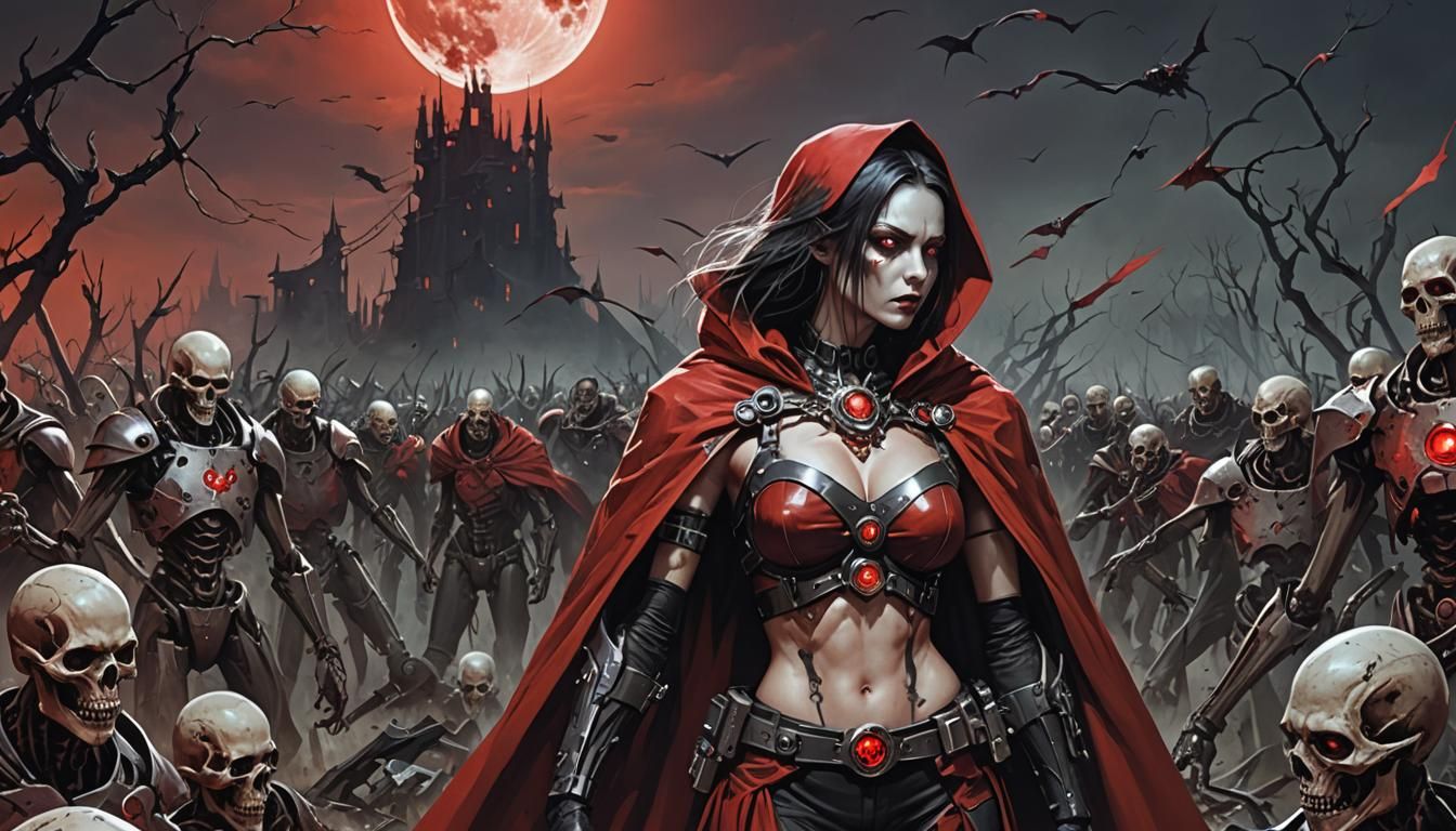 Cyberpunk Female Figure with Undead and Red Moon