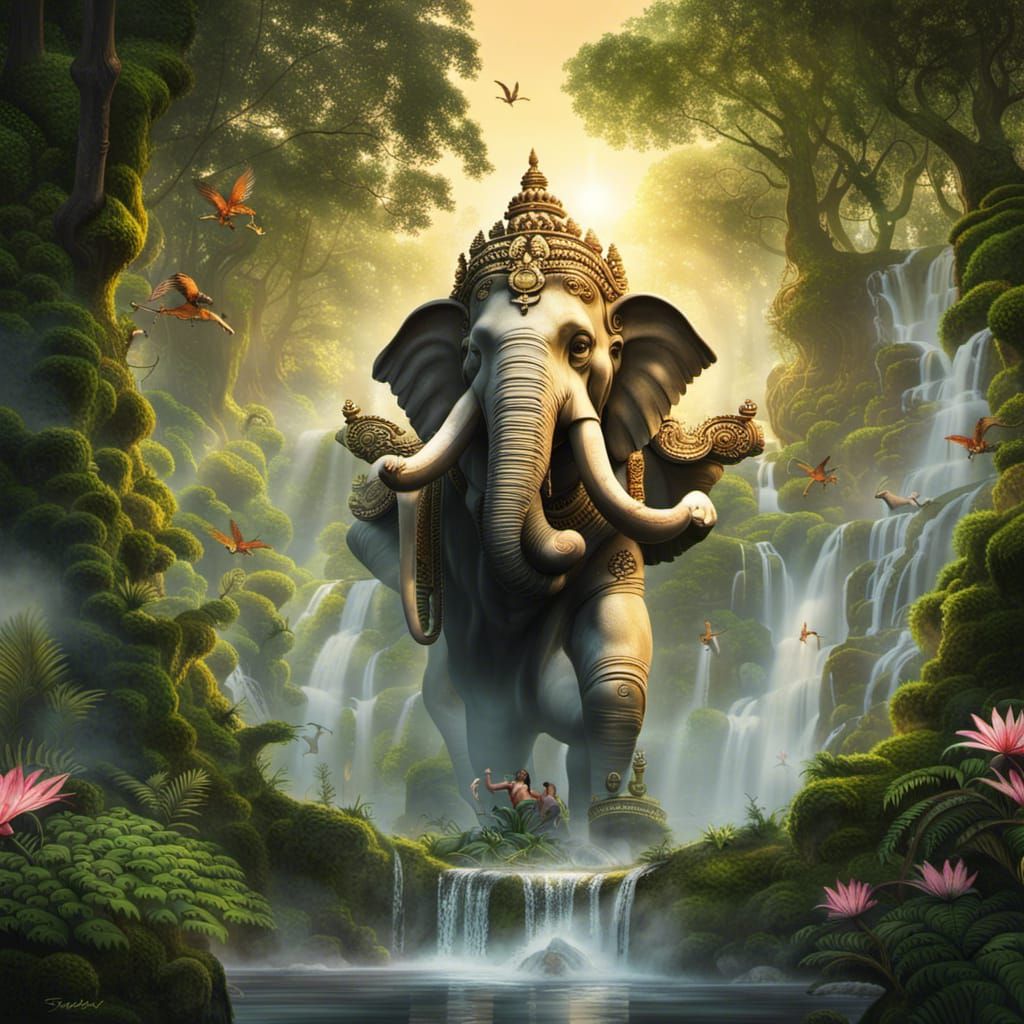 Indian Goddess on Winged Elephant: Surrealist Flight