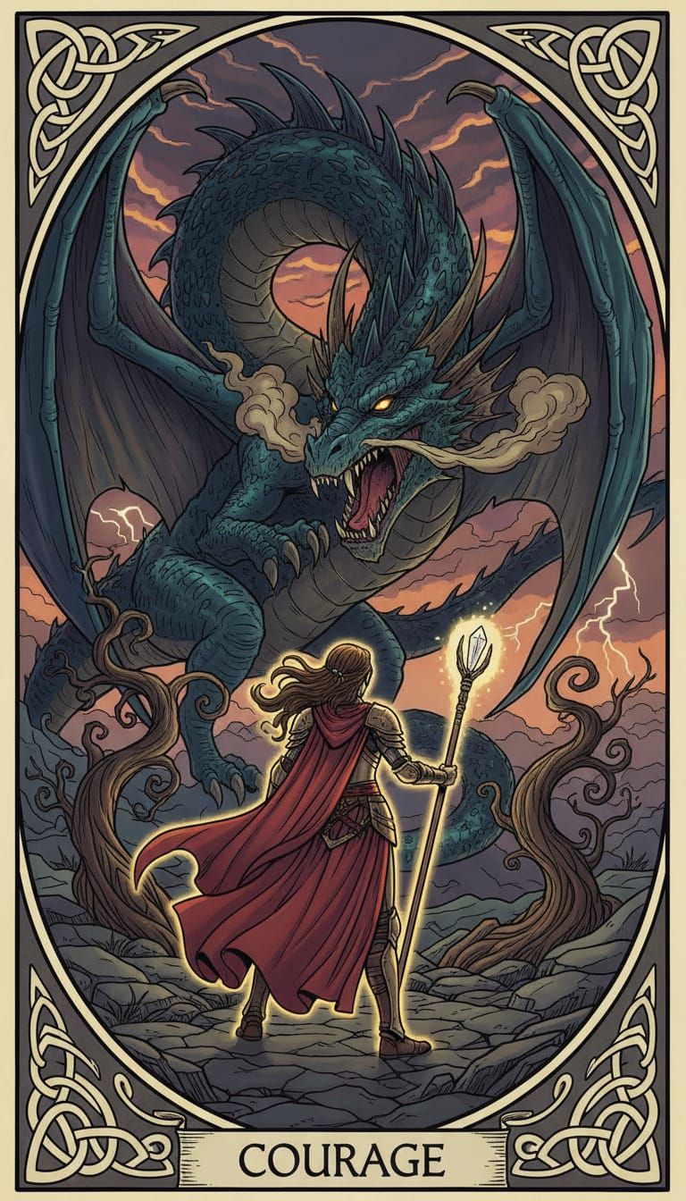 Tarot Card: Woman Defeats Dragon Symbolizing Courage