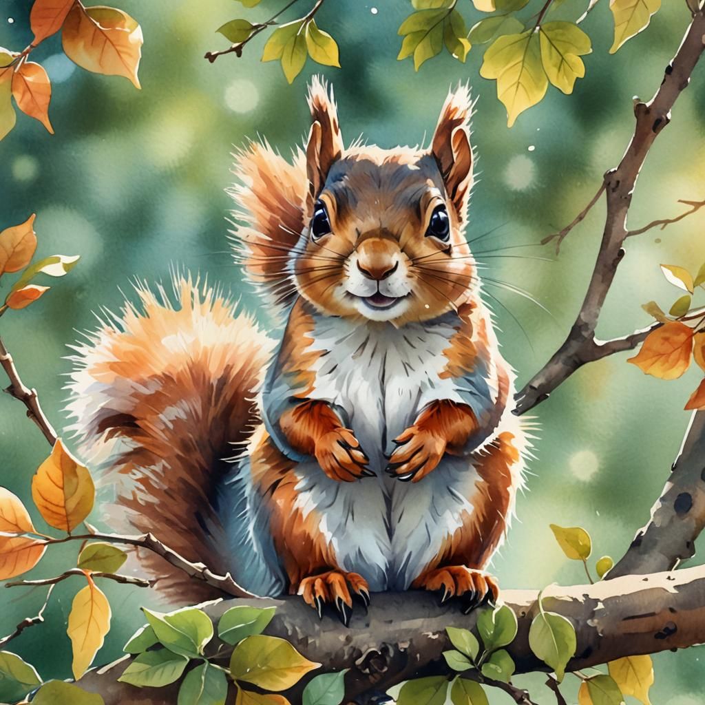 Charming Squirrel Portrait in Vibrant Watercolor Style
