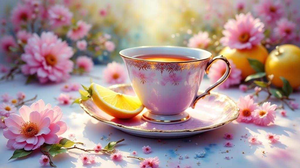 Lilac Tea Cup: Watercolor Painting in Rococo Style