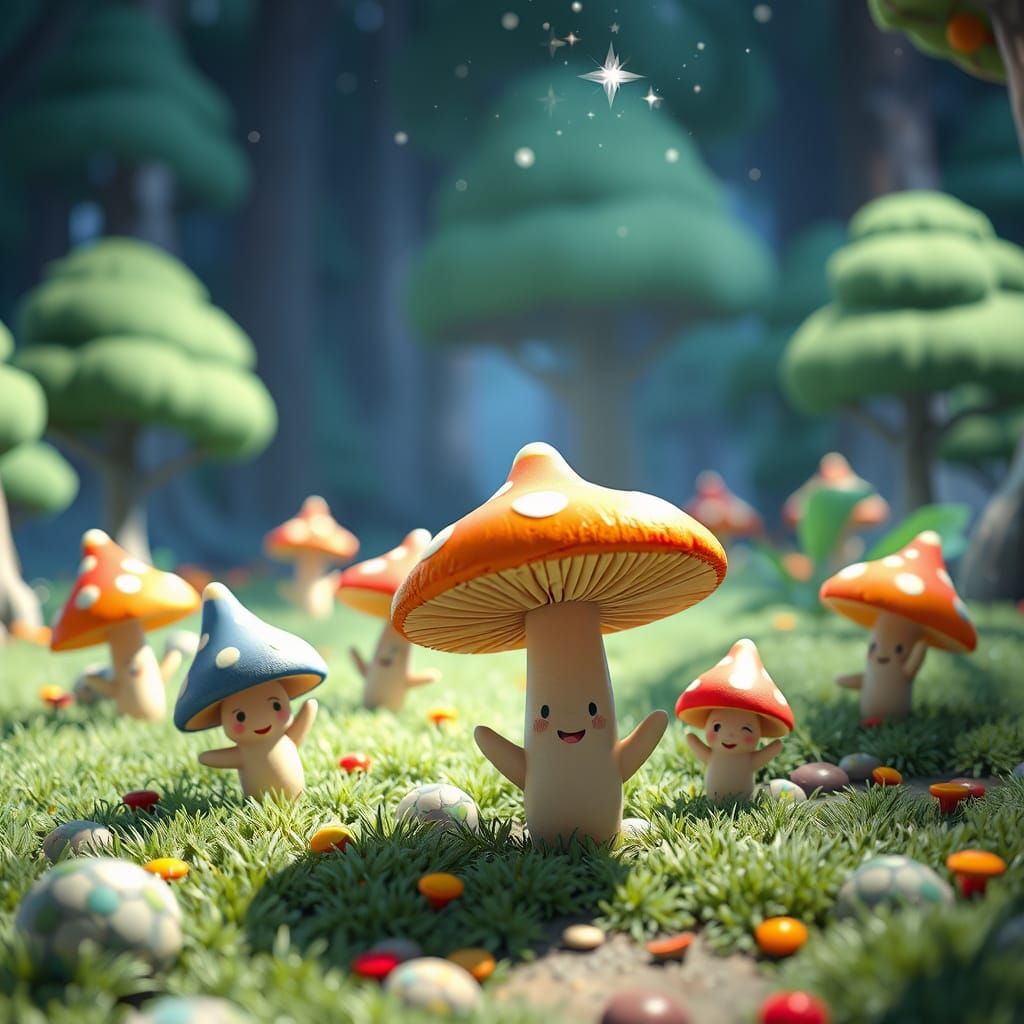 Mushroom Folk Dancing Under Starlight in Enchanted Forest
