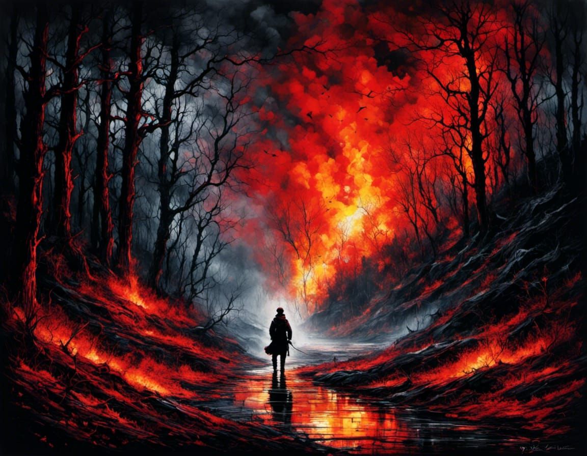 Surreal Dark Landscape with Burning Home in Neon Colors