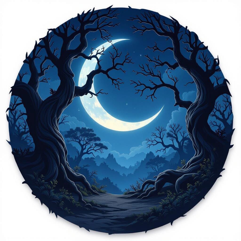 Mysterious Night Scene with Glowing Moon and Ancient Trees