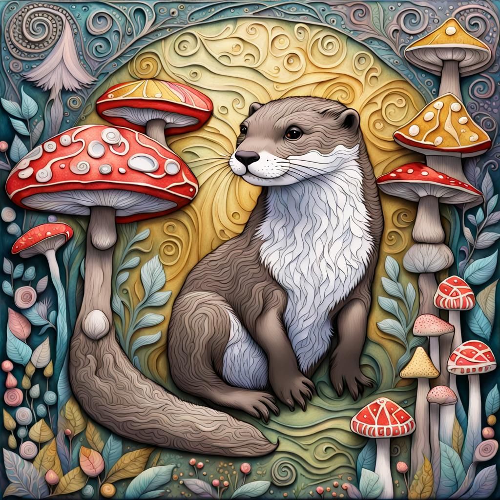 Filigree Otter in Magical Forest: Impasto Zentangle Style
