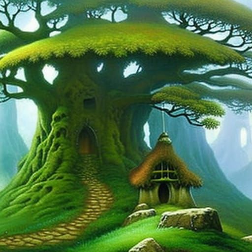 Mushroom House in Enchanted Forest, Detailed Charcoal Drawin...