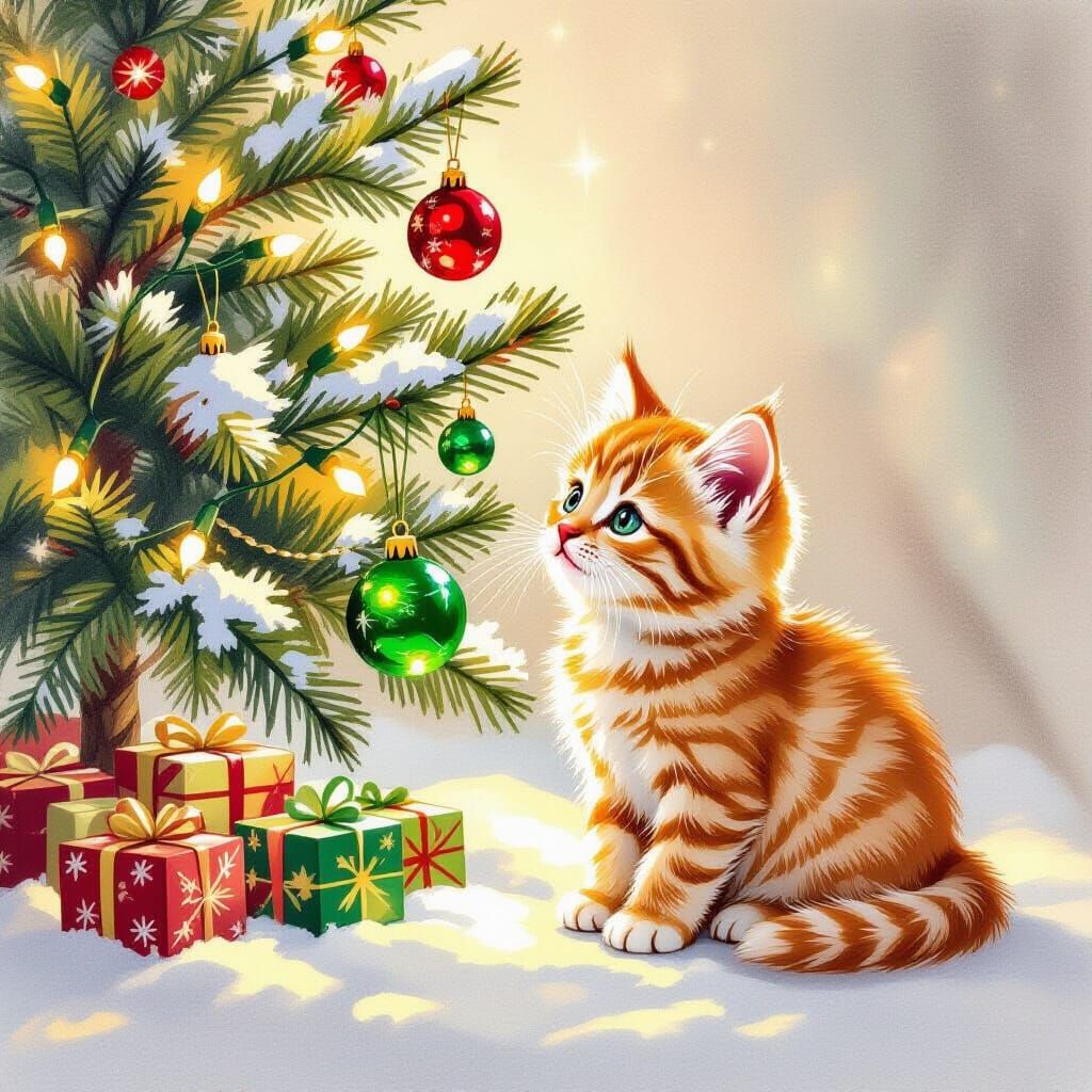 Ginger Kitten's Christmas Wonder in Pencil Sketch Style