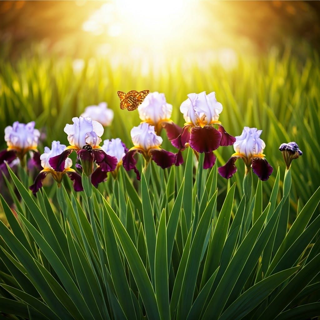 Sunny Iris Garden with Butterflies, Photography