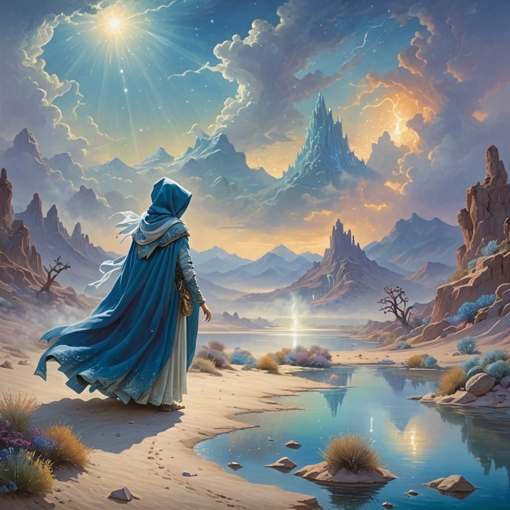 Ethereal Desert Scene with Woman in Blue Cloak
