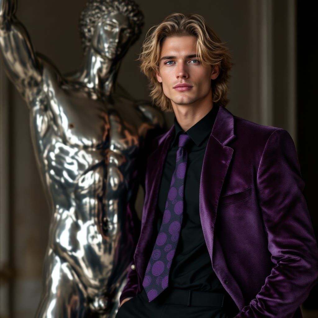 Runway Model Poses With Chrome Sculpture in Cinematic Lighti...